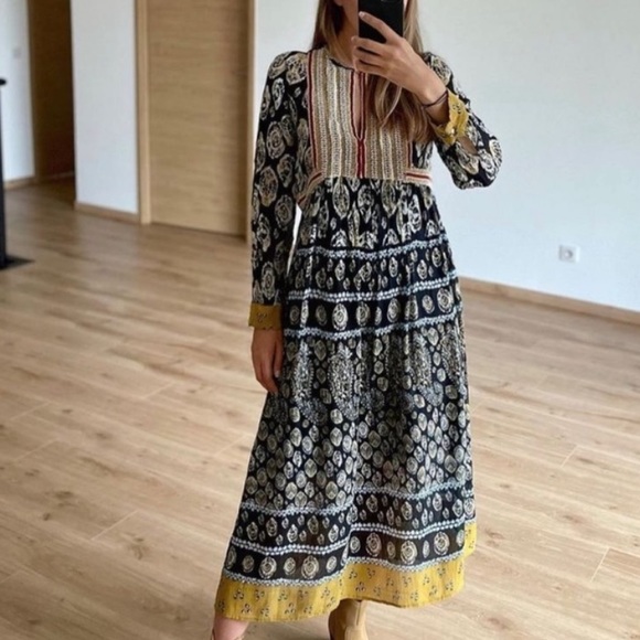 NEW Zara Tunic Dress with Chest embroidery long Dress Black Multi